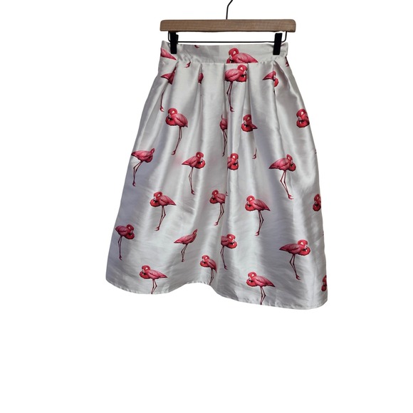 Midi Skirt Flamingo Print Pleated Party Cocktail White‎ Pink Size 12 - Picture 1 of 6